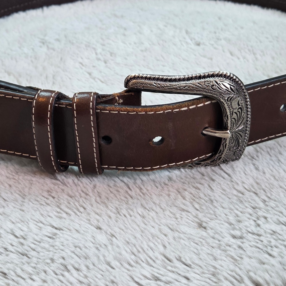 Western Leather Belt Mens 36 Brown Engraved Buckle Woven Inlay